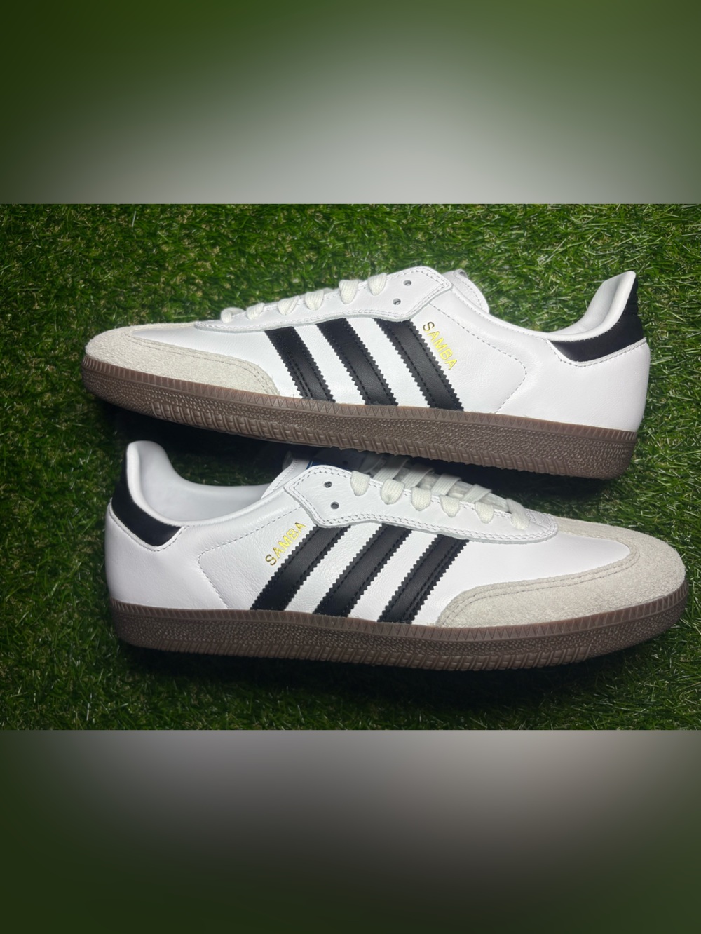 adidas White Leather Sneakers with Black Stripes and Gum Sole